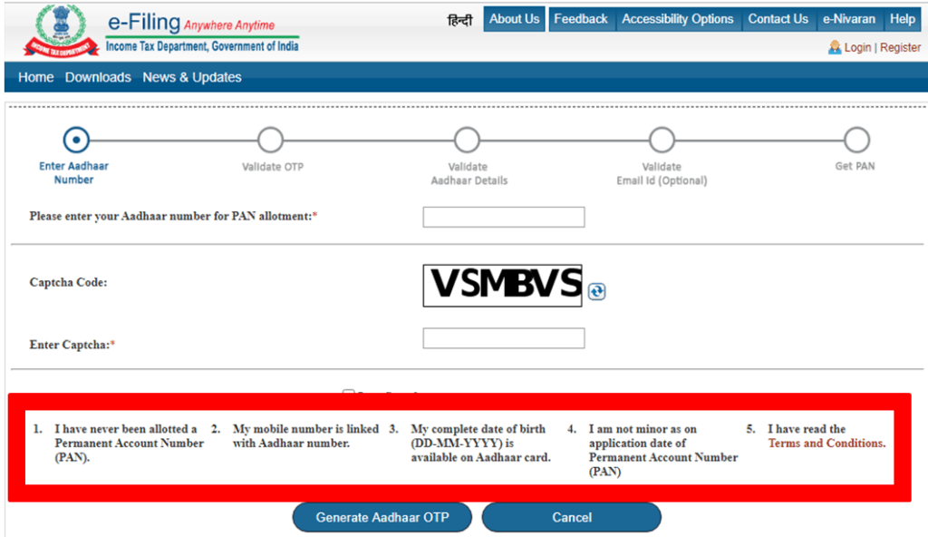 Aadhaar OTP for e-pan card